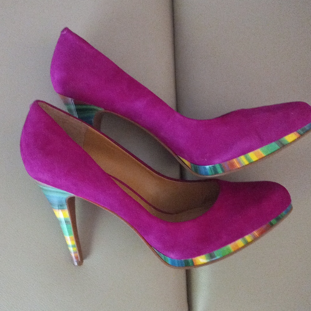 Nine West Rocha Fuchsia Suede Pumps with Multicolor Striped Heel Size 9M - Picture 3 of 17